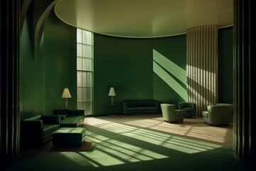Art deco green living room, mid-century modern couch , fabric green chairs ,Midcentury Charm: 1950s Cylindrical Shape to Rectangular Wall - obrazy, fototapety, plakaty
