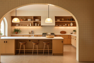 modern kitchen  house interior with wooden benches round lamps white and beige ceramics decor cozy 