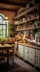Cozy farmhouse style kitchen interior, room filled with all sorts of appliances and details rustic kitchen