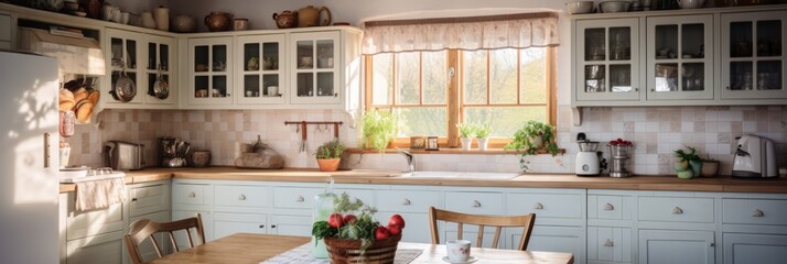 Cozy farmhouse style kitchen interior, room filled with all sorts of appliances and details rustic kitchen, banner
