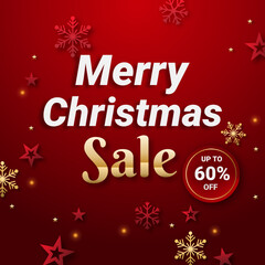 Merry Christmas Promotion Poster or banner with red and golden snowflake and red and golden star with Discount up to 60% off. Shopping or Christmas Promotion in red and black style.