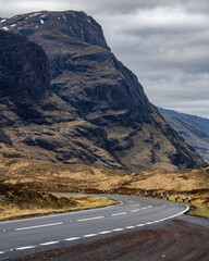 beautiful vista and highway with the three sisters mountains in glencoe, the scottish highlands, scotland uk,