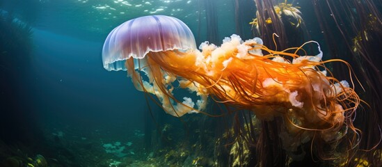 A large stinging jellyfish called Lion's mane (Cyanea capillata) swims near a Monterey kelp forest, its tentacles growing over 100 ft. - obrazy, fototapety, plakaty