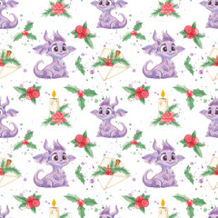 Fototapeta premium Painted watercolor New Year's pattern. Christmas. Christmas print. Tablecloth. The winter holidays. December 25th. Traditions. Seamless pattern. Watercolor. Candles Christmas mood. Greeting. Scrubbook