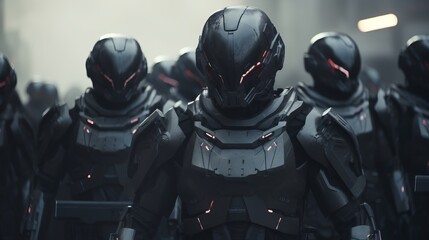  sci fi military armored cyborg army lined up, futuristic android, dark style, 16:9 - obrazy, fototapety, plakaty