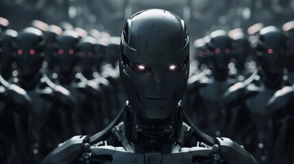  sci fi military armored cyborg army lined up, futuristic android, dark style, 16:9 - obrazy, fototapety, plakaty