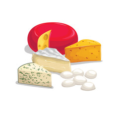Cheese illustrations. Various type of cheese. Brie, Mozzarella, Gorgonzolla, Edam, Maasdam.