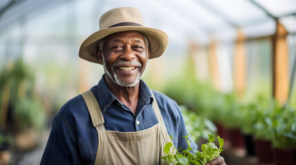 Happy senior old African American man wearing farmer clothes and a straw hat, standing in a glasshouse, holding a plant in a pot. Indoors garden full of natural herbs, organic growing and cultivation - obrazy, fototapety, plakaty