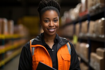 Portrait of young female salesperson in a grocery store. Beautiful African American woman using a tablet computer to check products, standing among shelves. Competent employee uses gadget for work.