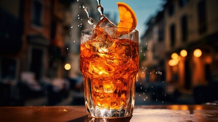 Generative AI, glass of Aperol Spritz on wooden table with blur background with lights of street bar, cafe or restaurant
