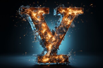 Volumetric capital letter Y made of metal. Effect of metal heated for forging, with flames, sparks...