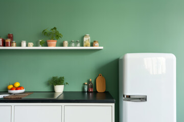 Fragment of modern minimalist kitchen with green wall and white retro refrigerator. Black countertop and white facades, plants in pots, wall shelf, jars with condiments.