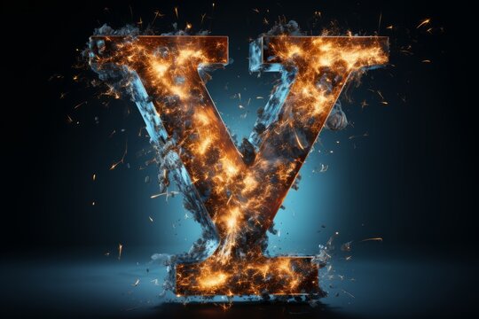 Volumetric capital letter Y made of metal. Effect of metal heated for forging, with flames, sparks and smoke. Workpiece for spectacular 3D text. Mockup. Isolated on black. - Powered by Adobe