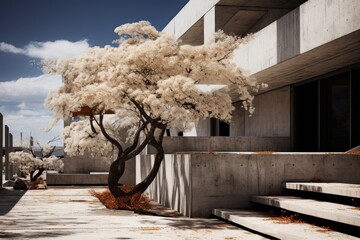 Black and white picture of a tree in the background of ultra-modern minimalist building made of...