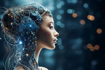 Fictional portrait of female humanoid robot with realistic beautiful face. Cyborg woman's head entangled in network of wires, sensors and electronic impulses. Artificial intelligence, science fiction.