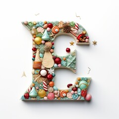 Volumetric capital letter E, decorated in a festive Christmas and New Year style. Christmas tree decorations, balls, pine cones, tinsel. Mockup for Christmas banner or background. Isolated on white.