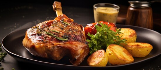 Grilled ham hock with potatoes, served with mustard.