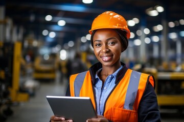 Portrait of a modern black female engineer in a hard hat, with a laptop programming equipment at an industrial enterprise. A working woman in a modern industrial enterprise. Copy space .