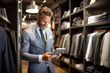 Naklejka na ściany i meble Portrait of young handsome male salesperson, manager or business owner with checklist in fashionable clothing store. Competent employee using tablet for goods accounting.