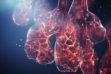 3D colorful illustration of human lungs on dark blue background. Human respiratory system anatomy, bronchia, pleura, trachea, blood vessels and veins. Mockup for publications on medical topics.