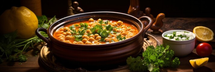 Delicious healthy bean soup, chickpea soup in a bowl with spices on a wooden background, rustic style, banner