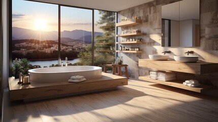 The interior of a modern minimalist bathroom in a luxurious cottage , apartment , house , villa .  - obrazy, fototapety, plakaty