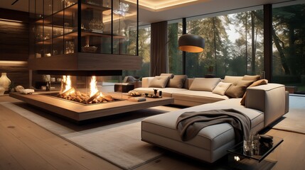 A panorama of a luxurious designer living room with a stylish light sofa, a large modern panoramic fireplace with a burning fire, a large full-length window with a wonderful view of the green trees.