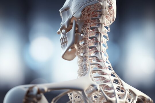 3D close-up illustration of the human cervical spine. Human vertebral column, vertebrae riddled with nerve endings. Back pain treatment and medical technologies concept.