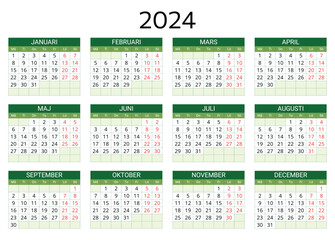 2024 swedish calendar. Printable, editable vector illustration for Sweden. 12 months year kalender