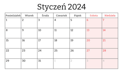 January 2024 polish month calendar. Vector printable illustration. Monthly planning for business in Poland