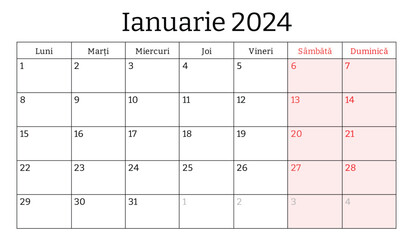 January 2024 romanian month calendar. Vector printable illustration. Monthly planning for business in Romania and Moldova