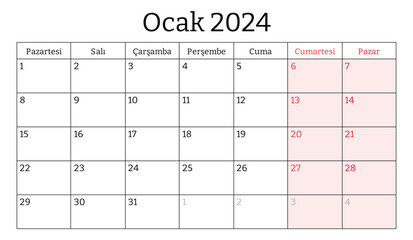 January 2024 turkish month calendar. Vector printable illustration. Monthly planning for business in Turkey