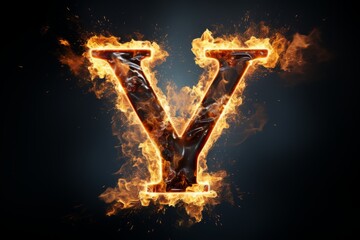 Fototapeta na wymiar Volumetric capital letter Y made of metal. Effect of metal heated for forging, with flames, sparks and smoke. 