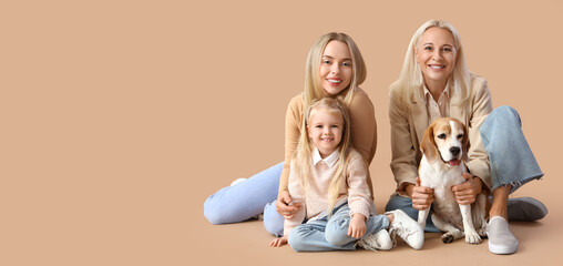Happy family with cute dog sitting on beige background with space for text