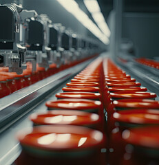 Scene of canning tomato paste. Front view image with perspective effect.