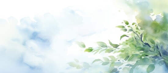 Fototapeta na wymiar Banner. Delicate watercolor illustration with light blue sky and gentle green branch. With copy space for text. Template for poster, banner, greeting card, invitation, web design