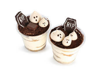 Plastic cups with delicious tiramisu for Halloween celebration on white background