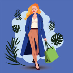 vector illustration of a girl shopping in a blue raincoat