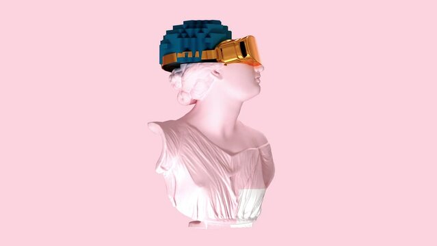 3D glitch of the head of a young woman with VR glasses. NFT concept. 3D animation. 4K. Ultra high definition. 3840x2160.