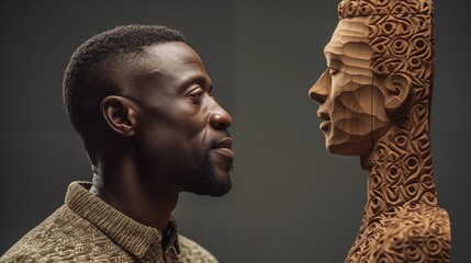 a african man looking at a carved wood sculpture face to face - obrazy, fototapety, plakaty