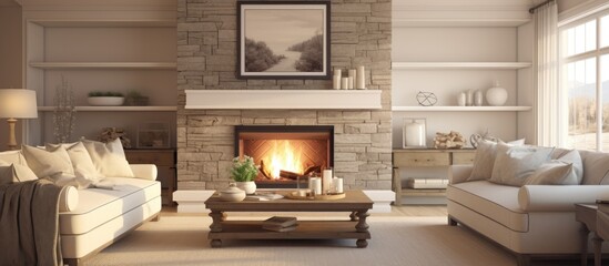Cozy family room with fireplace and mantel. - obrazy, fototapety, plakaty