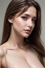 Naklejka premium big breast of a sensual brunette in lingerie. The concept of a sexy woman in lingerie