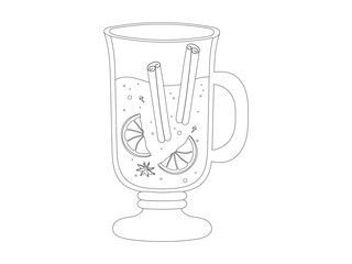 Hot mulled wine line art with cinnamon and orange. Warm drink black silhouette. Vector illustration glass of wine