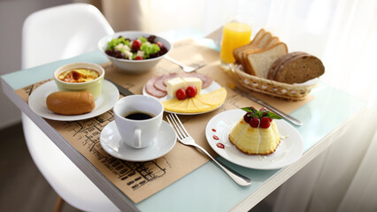 delicious breakfast for two, table by the window