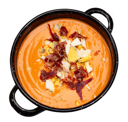Restaurant serves dish of Spanish cuisine - salmorejo cordoba soup, with hearty addition of ham and...