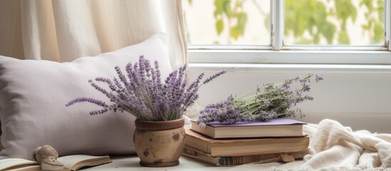Fototapeta na wymiar Cottage-style interior decor featuring boho cushions, lavender flowers, and old books.