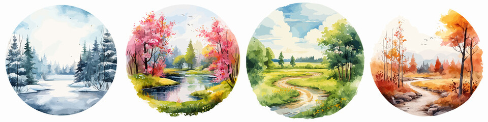 Four seasons watercolor illustration. Tree in four times of year. 4 hand drawing element representing winter, spring, summer, autumn.