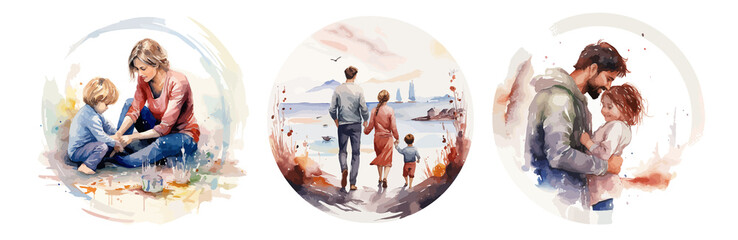 Happy family together watercolor illustration. Smiling mother, father and kid - obrazy, fototapety, plakaty