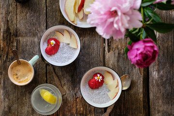 Chia seeds pudding with strawberries and apples