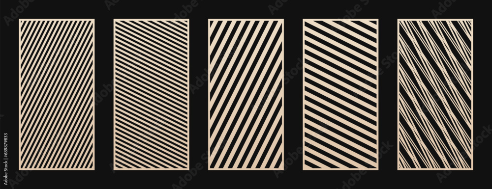 Poster Laser cut, CNC cutting pattern set. Collection of vector abstract geometric ornaments with diagonal lines, stripes, grid. Modern decorative stencil for CNC cutting of wood, metal. Aspect ratio 1:2